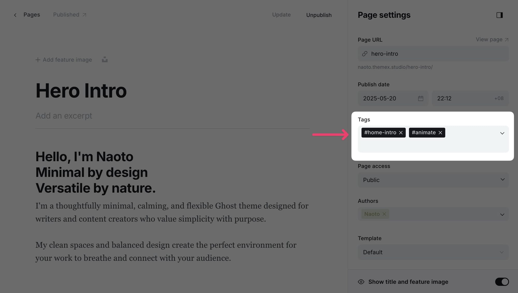 Example of hero section page settings