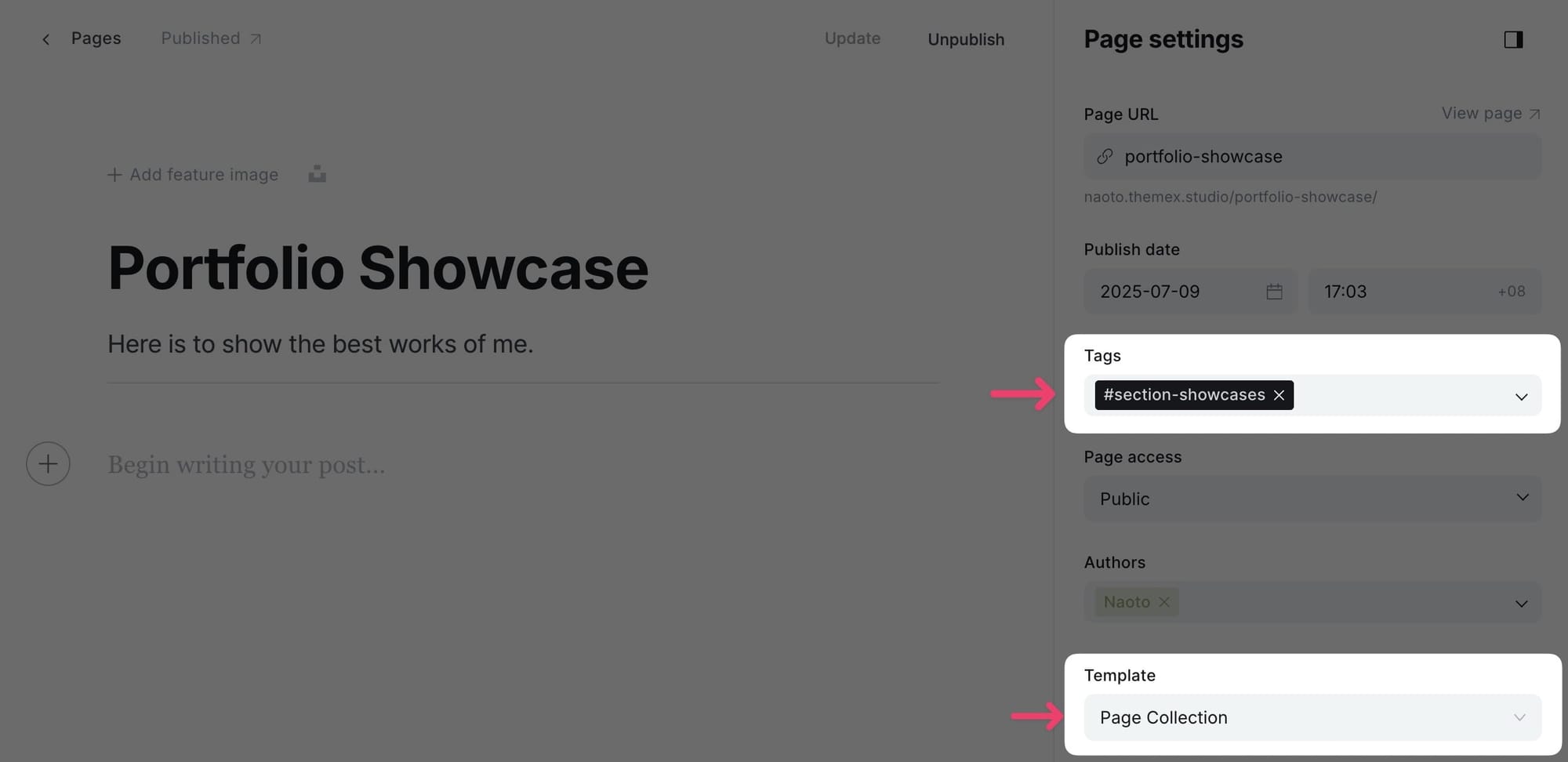 Showcase section settings page 1
