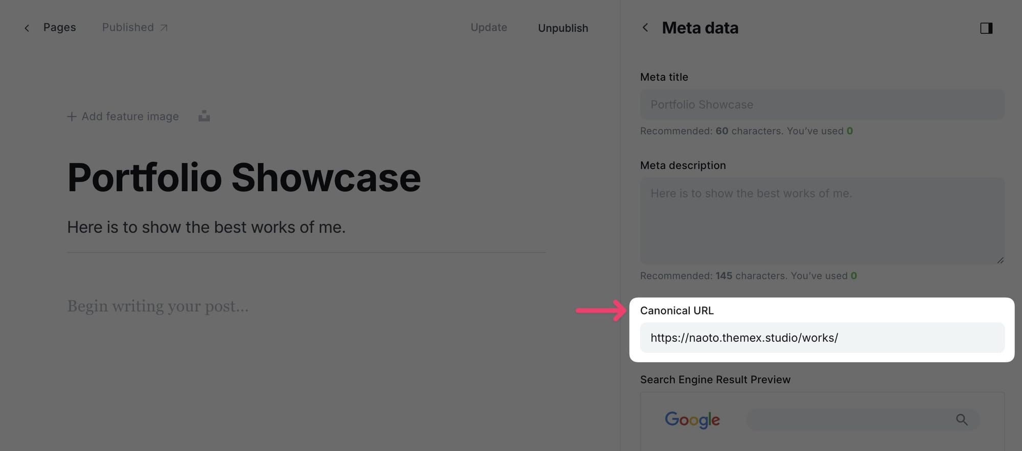 Showcase section settings page 3