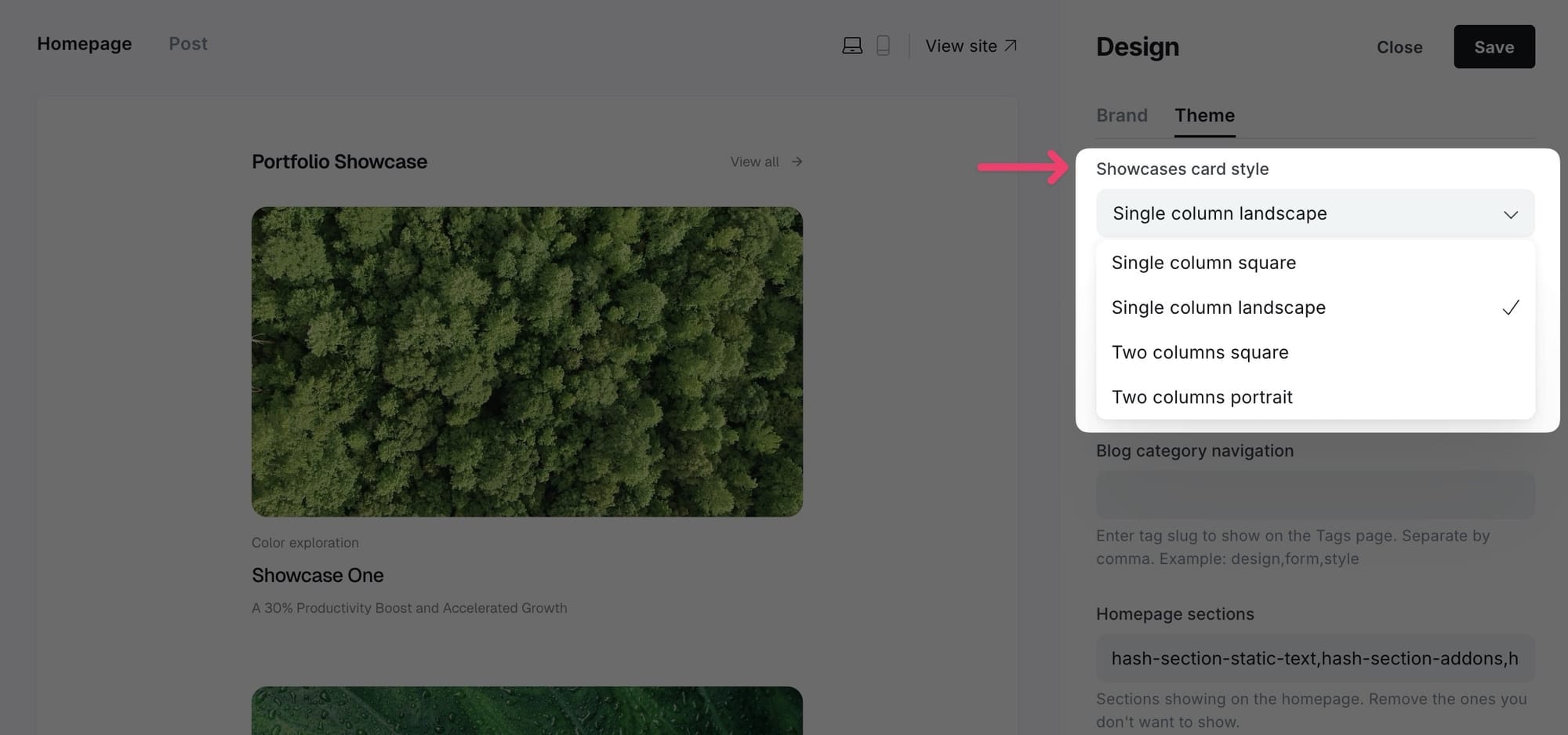 Showcase layout options