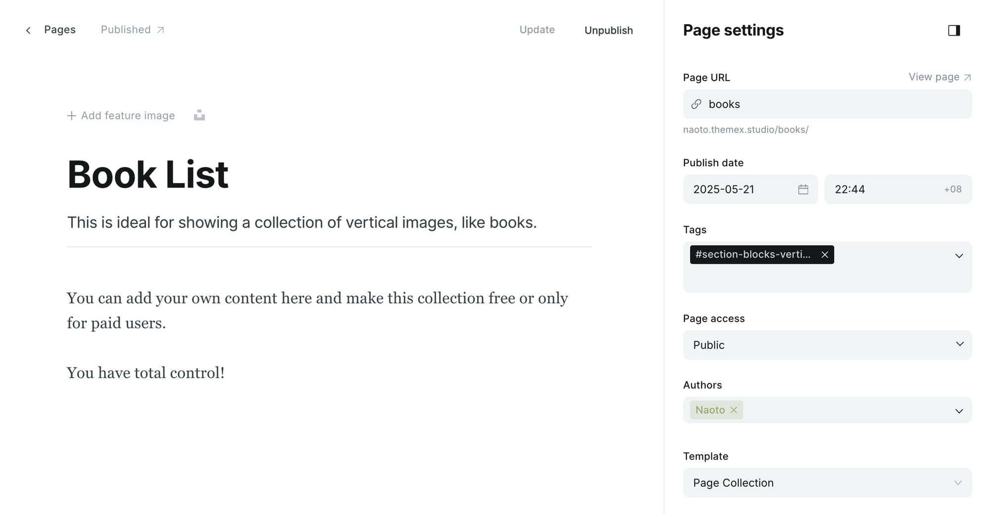 Blocks vertical section settings