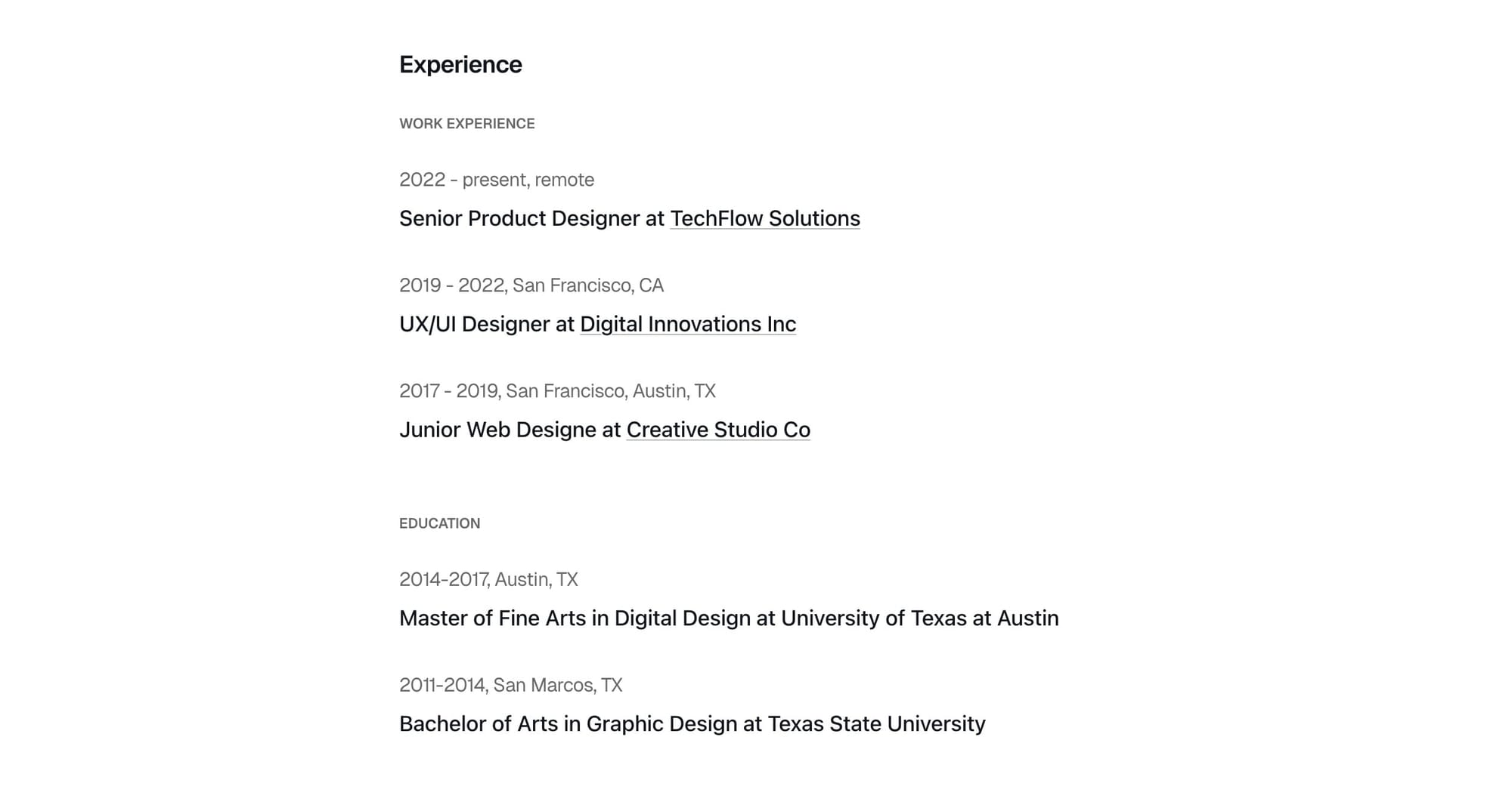 Work experiences section