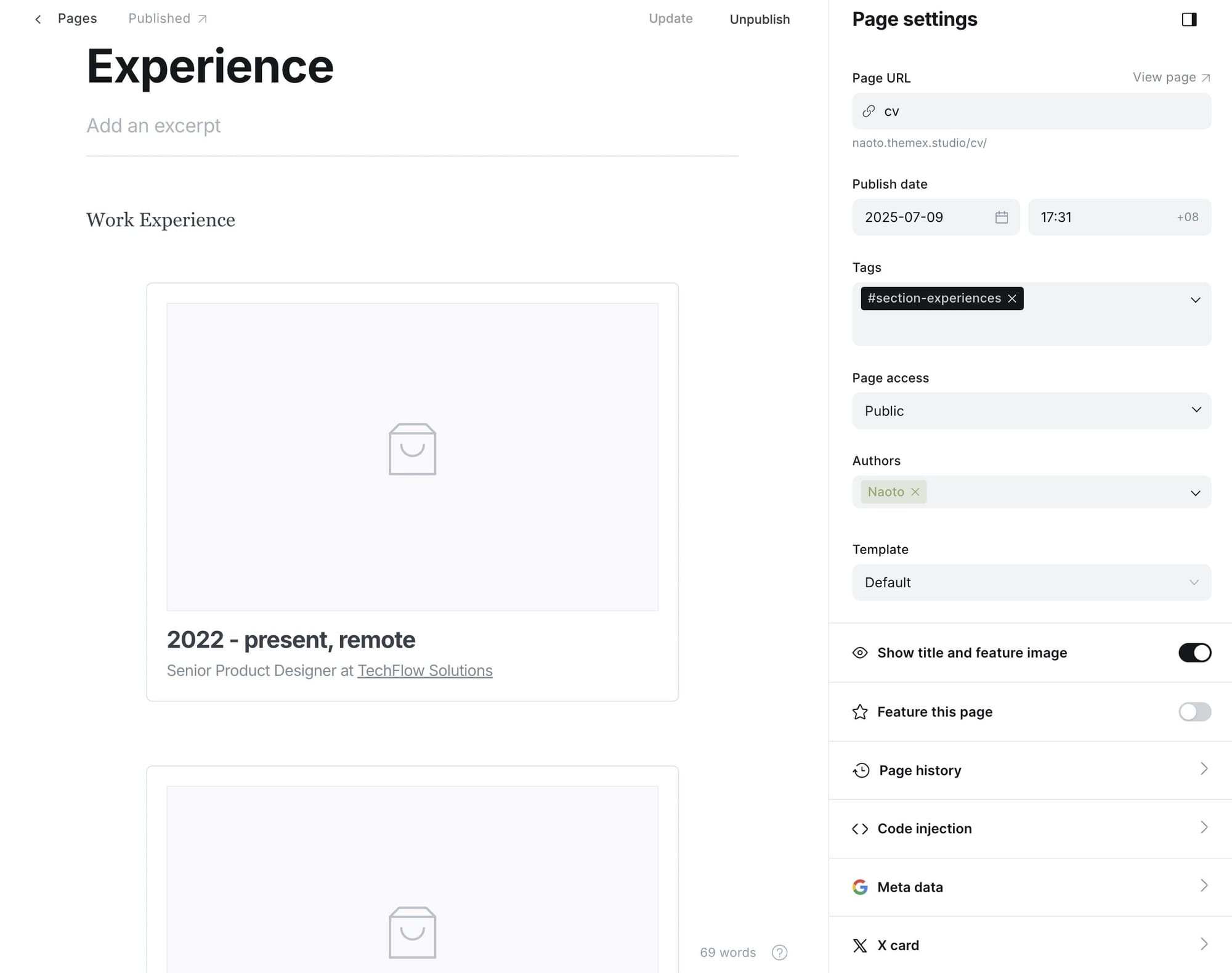 Example of work experiences section settings