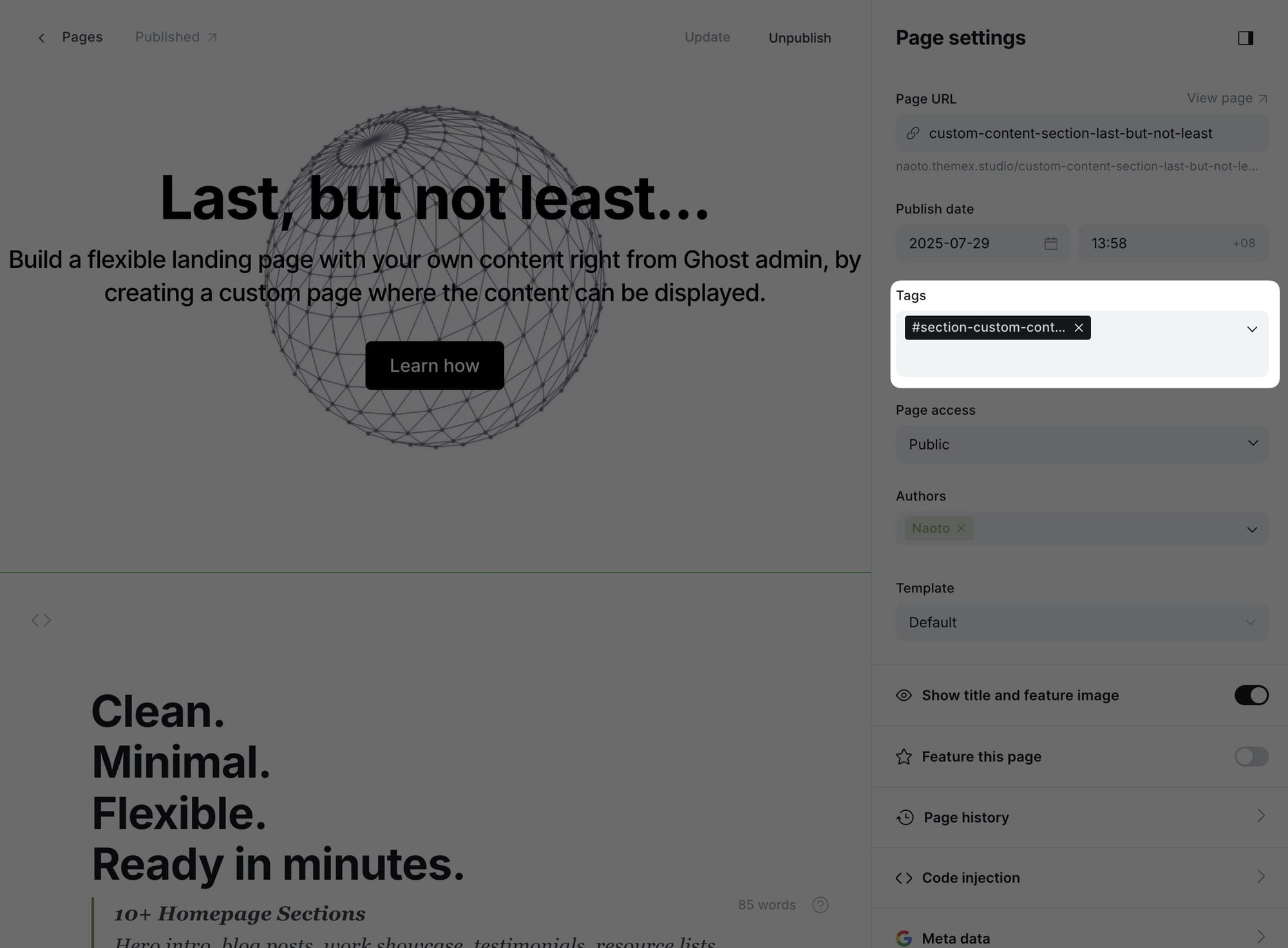 Example of content block section settings
