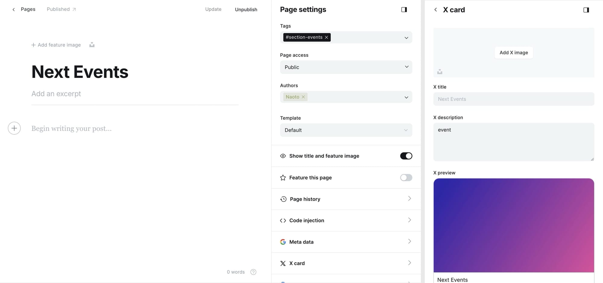 Example of event calendar section settings