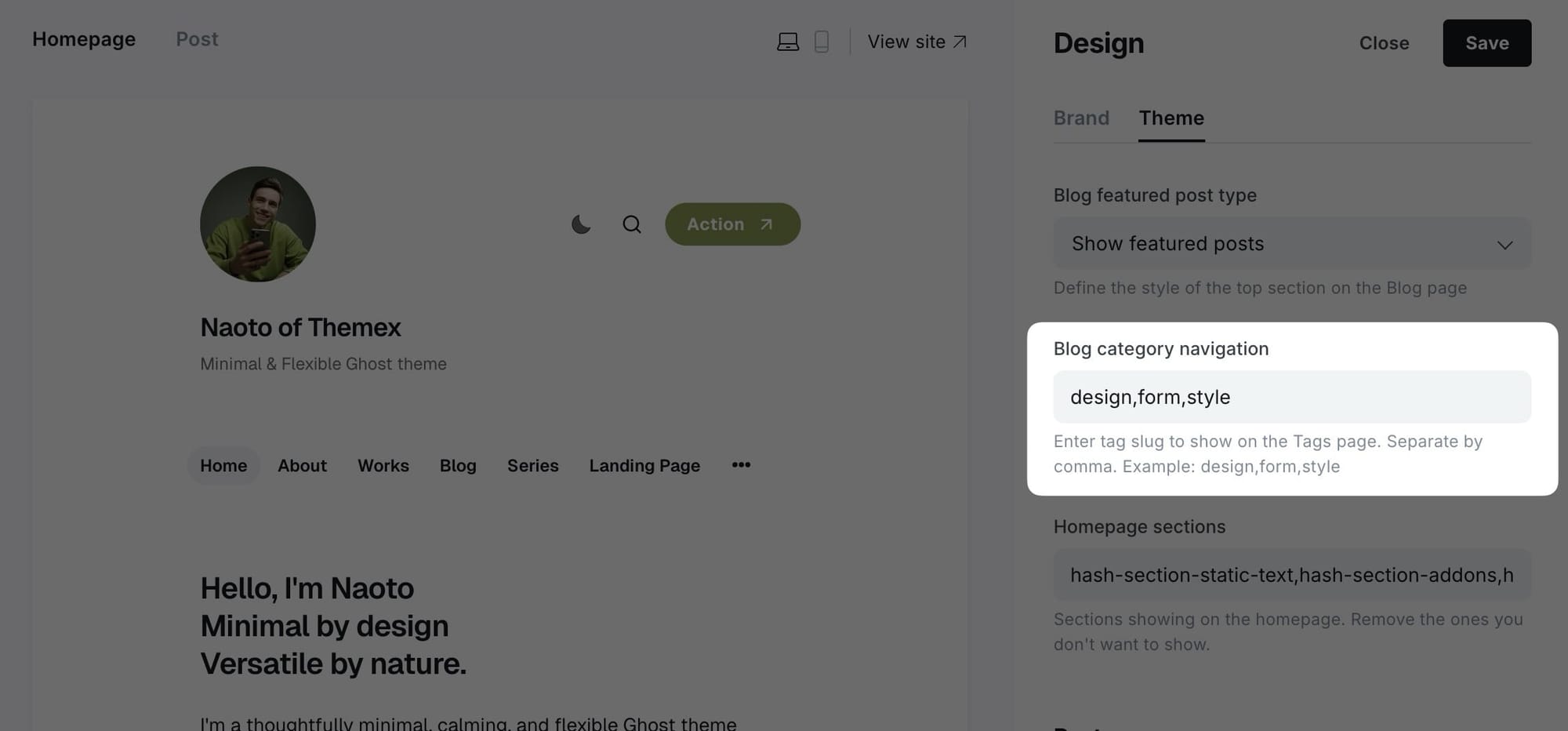 Example of blog category settings