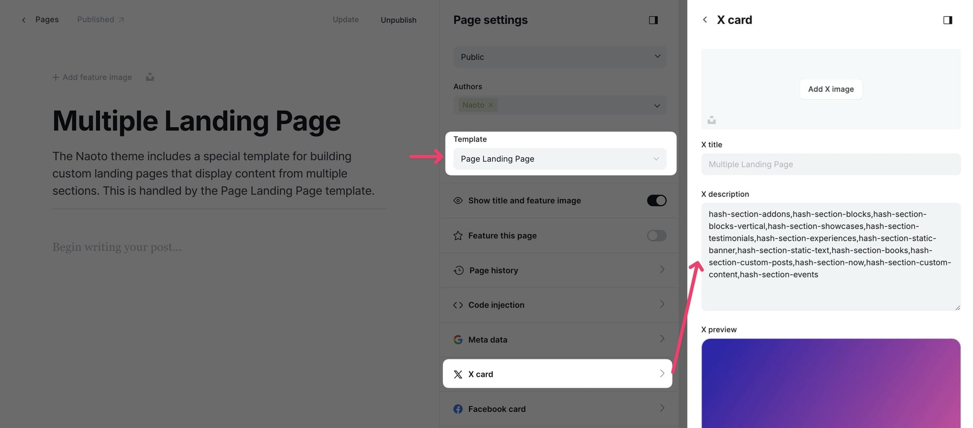 Landing page settings