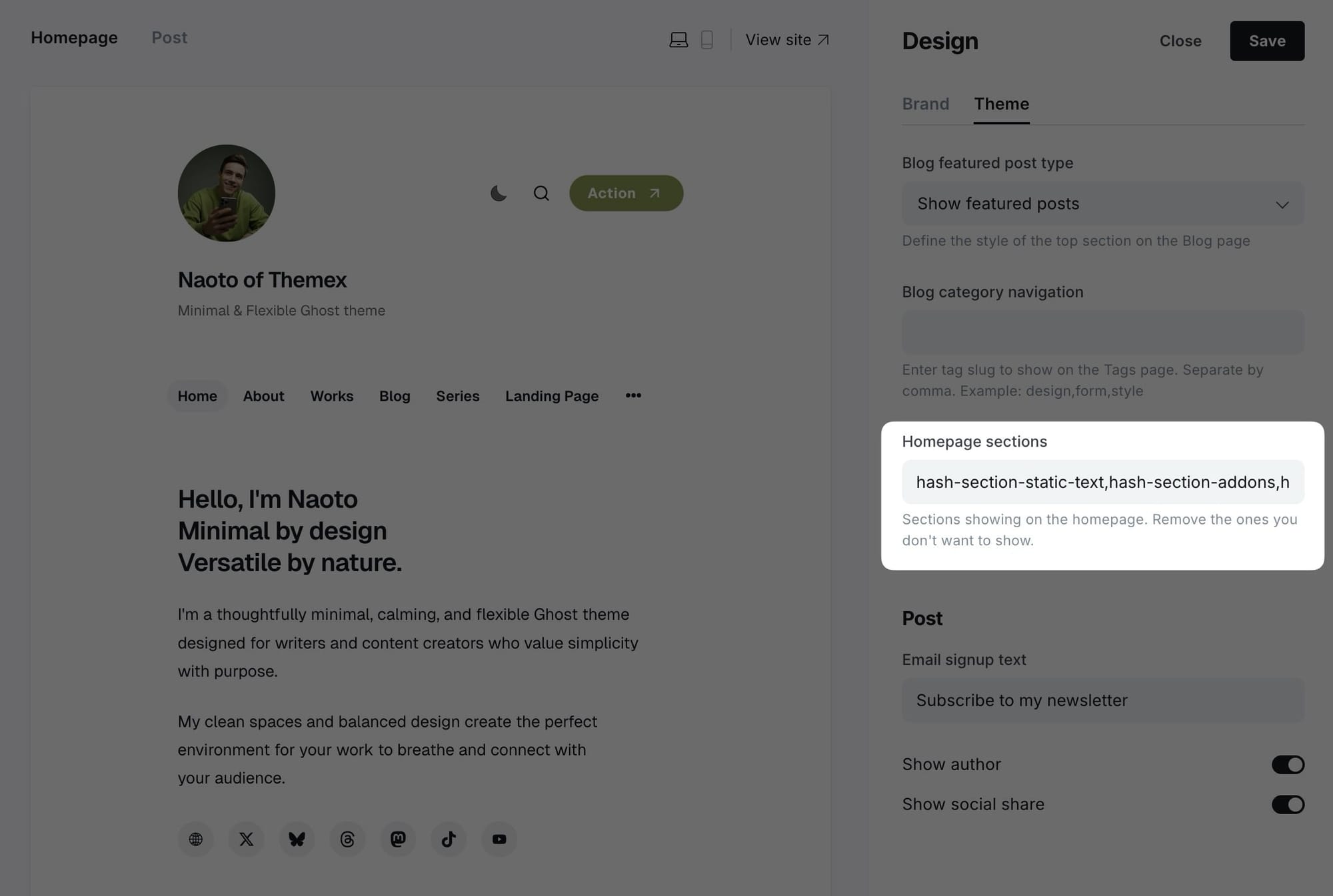 Homepage sections configuration