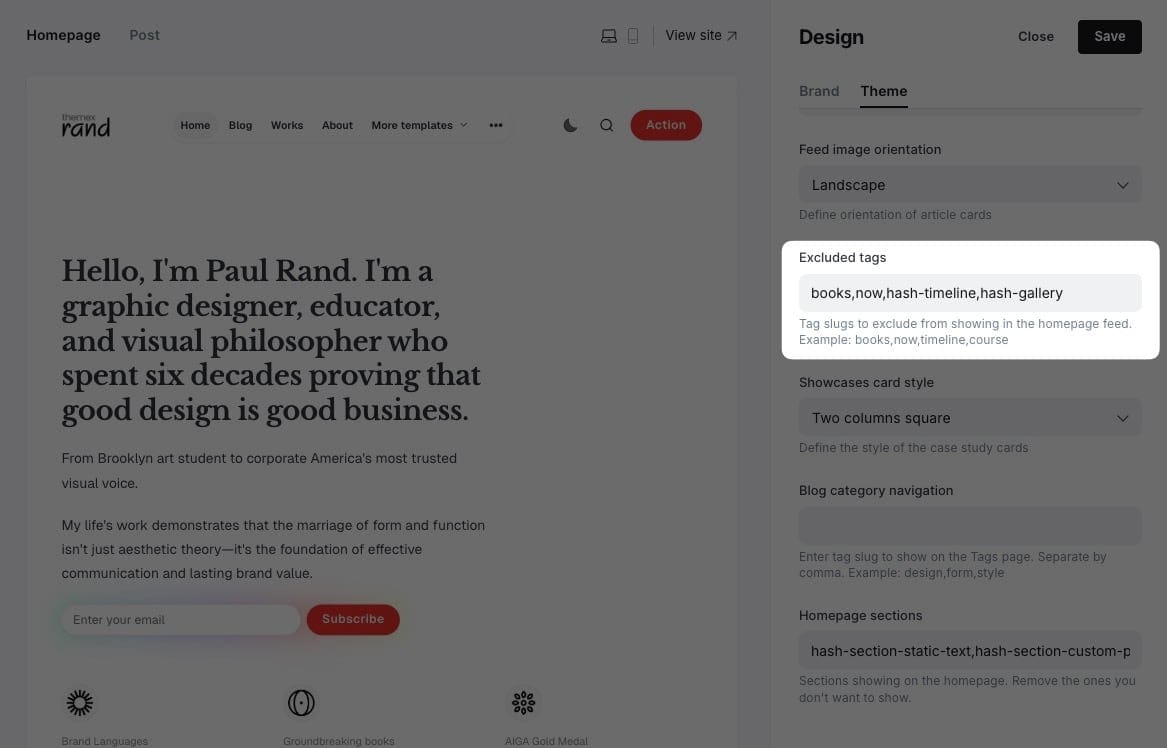 Homepage sections settings