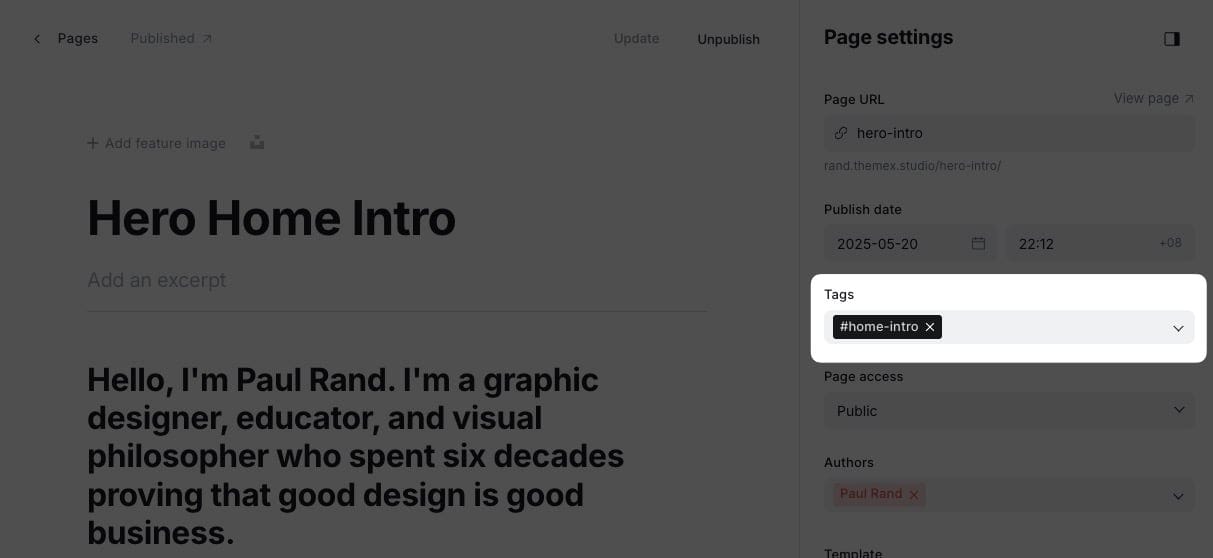 Example of hero section page settings