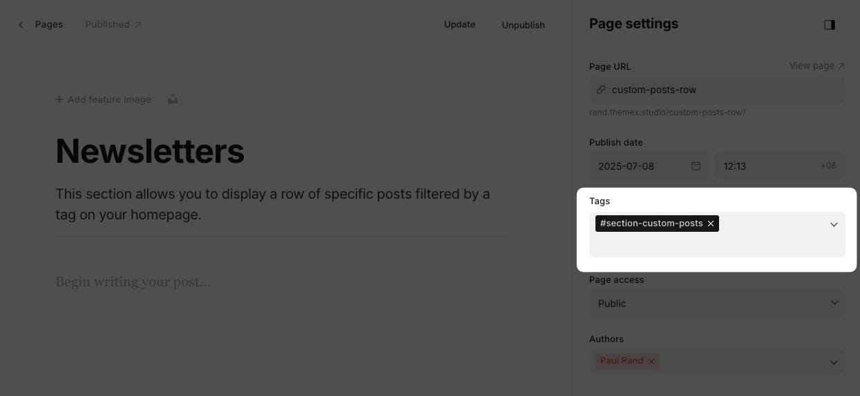 Posts row section settings