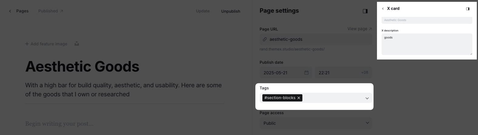 Blocks section settings