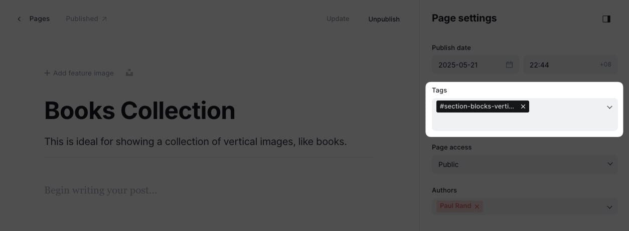 Blocks vertical section settings