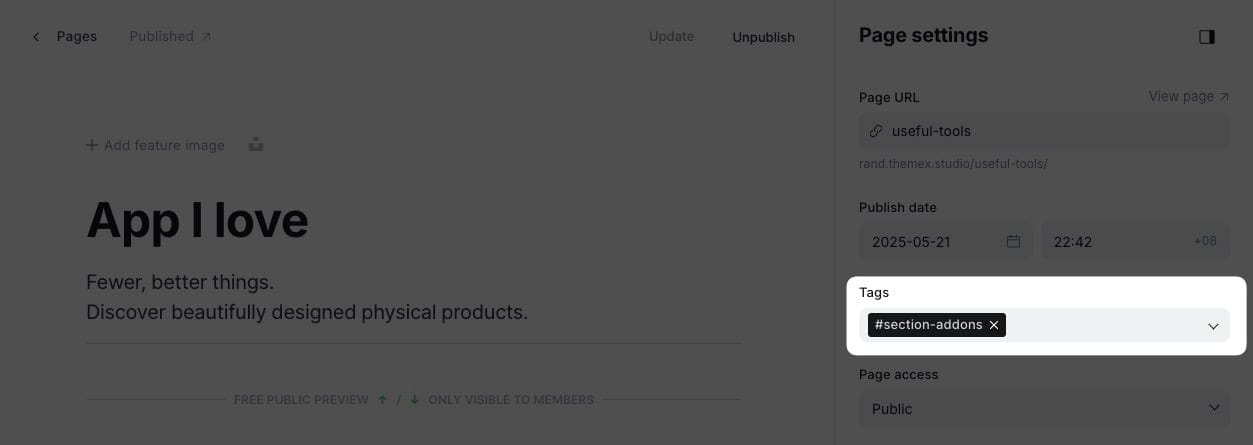 Addons section settings