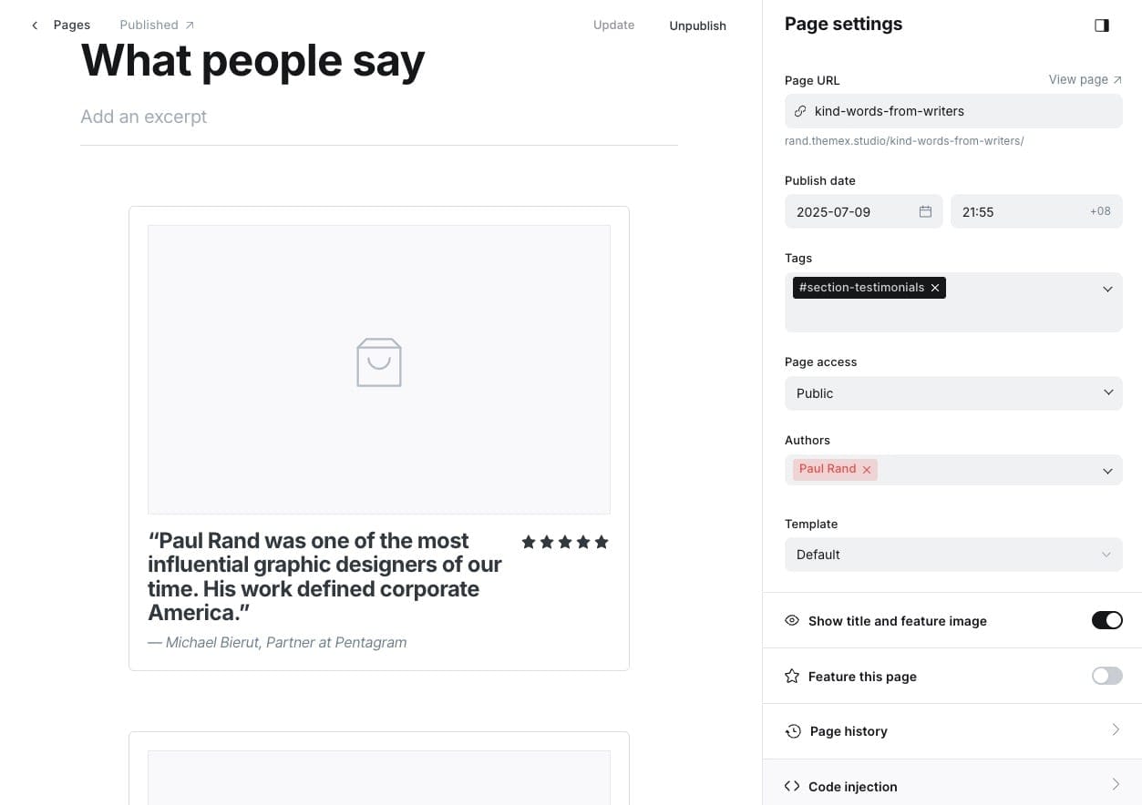 Example of testimonial section settings