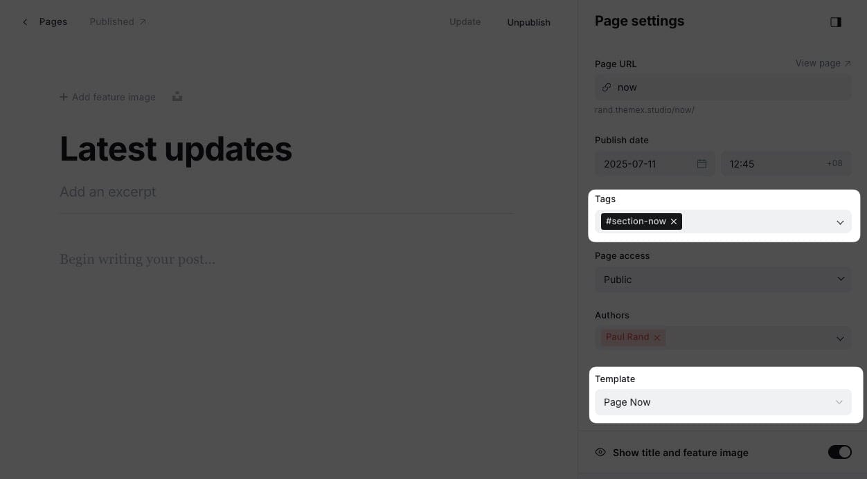 Example of now section settings 1