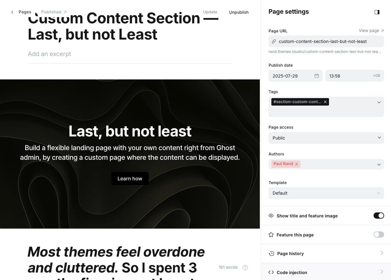 Example of content block section settings