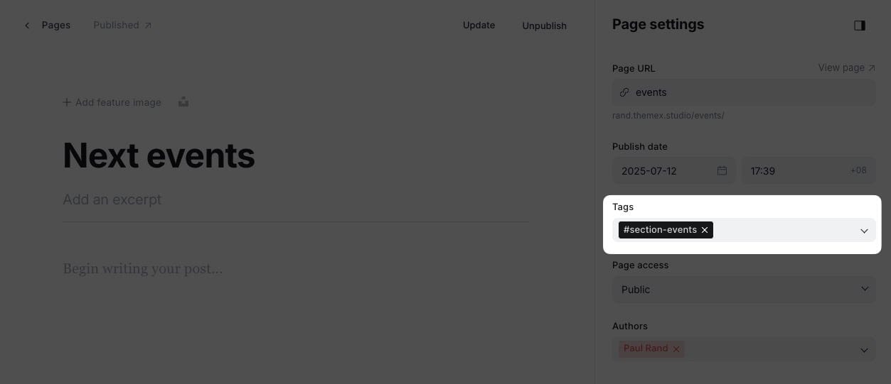 Example of event calendar section settings 1