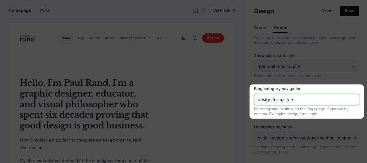 Example of blog category settings