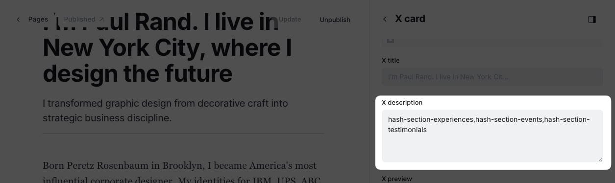 About page with dynamic sections