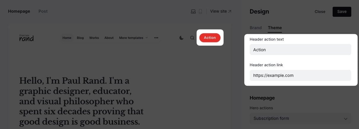 Header CTA button settings