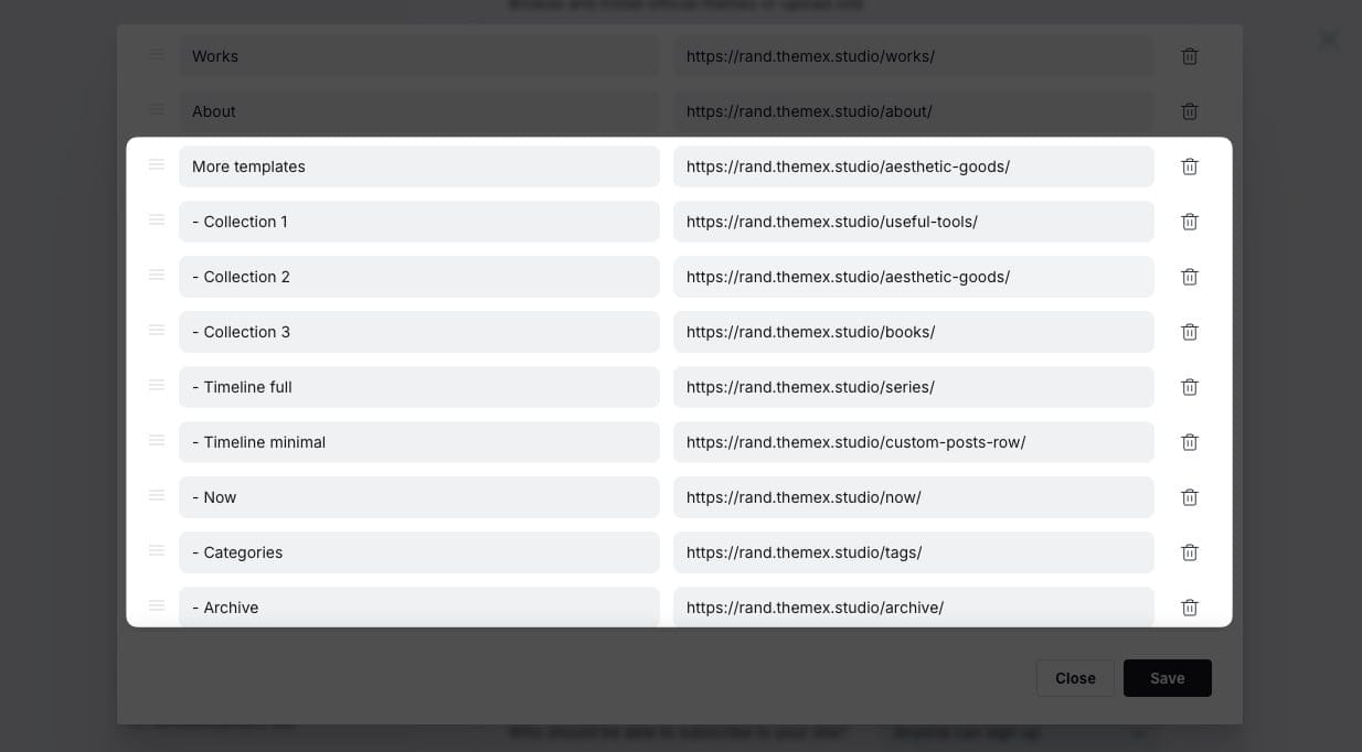 Dropdown menu settings example