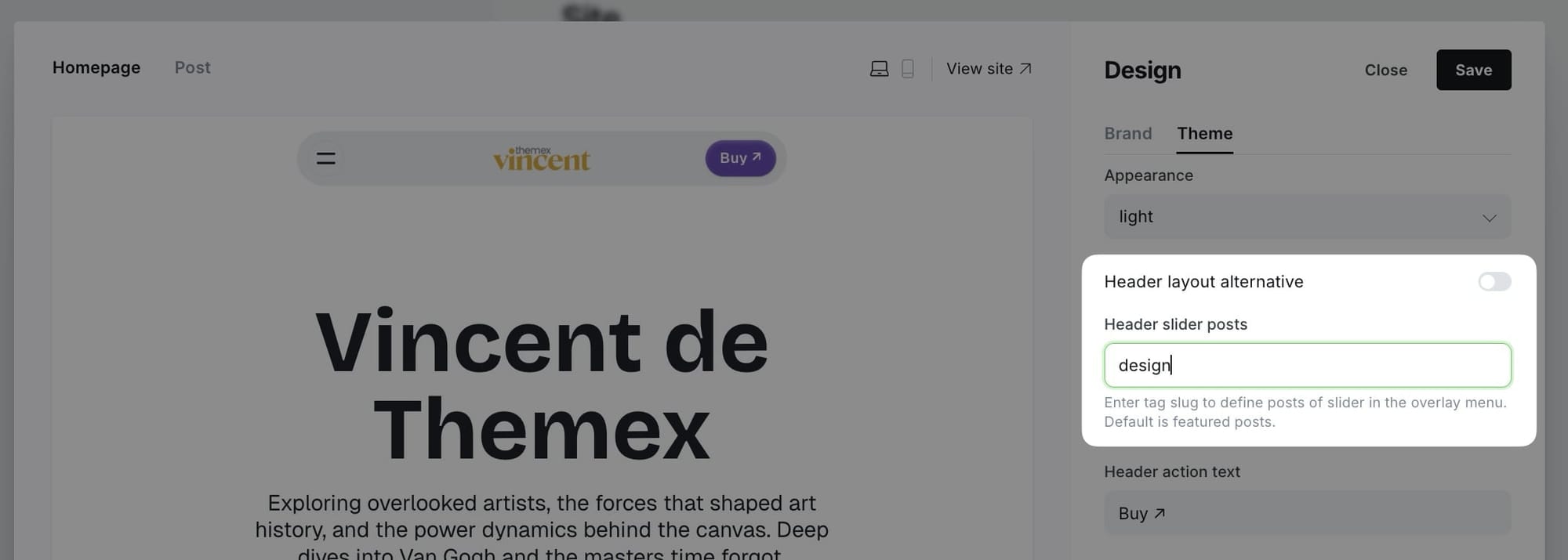 Header slider posts settings
