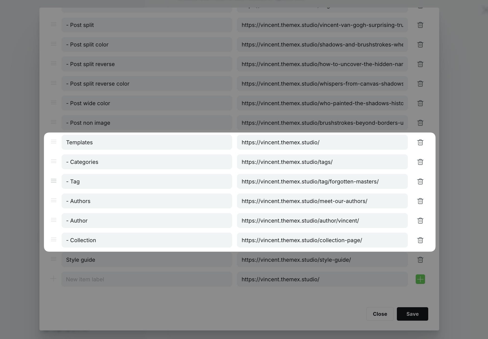 Navigation settings with dropdown structure