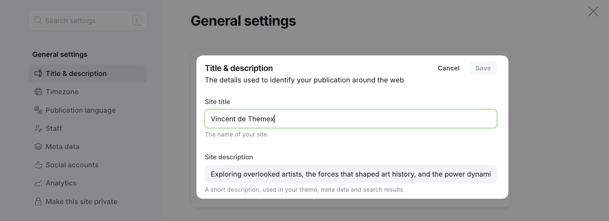 Site title and description settings
