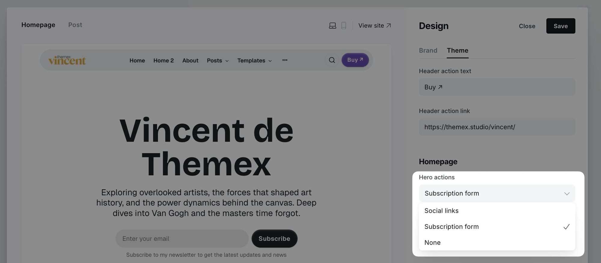 Hero actions settings