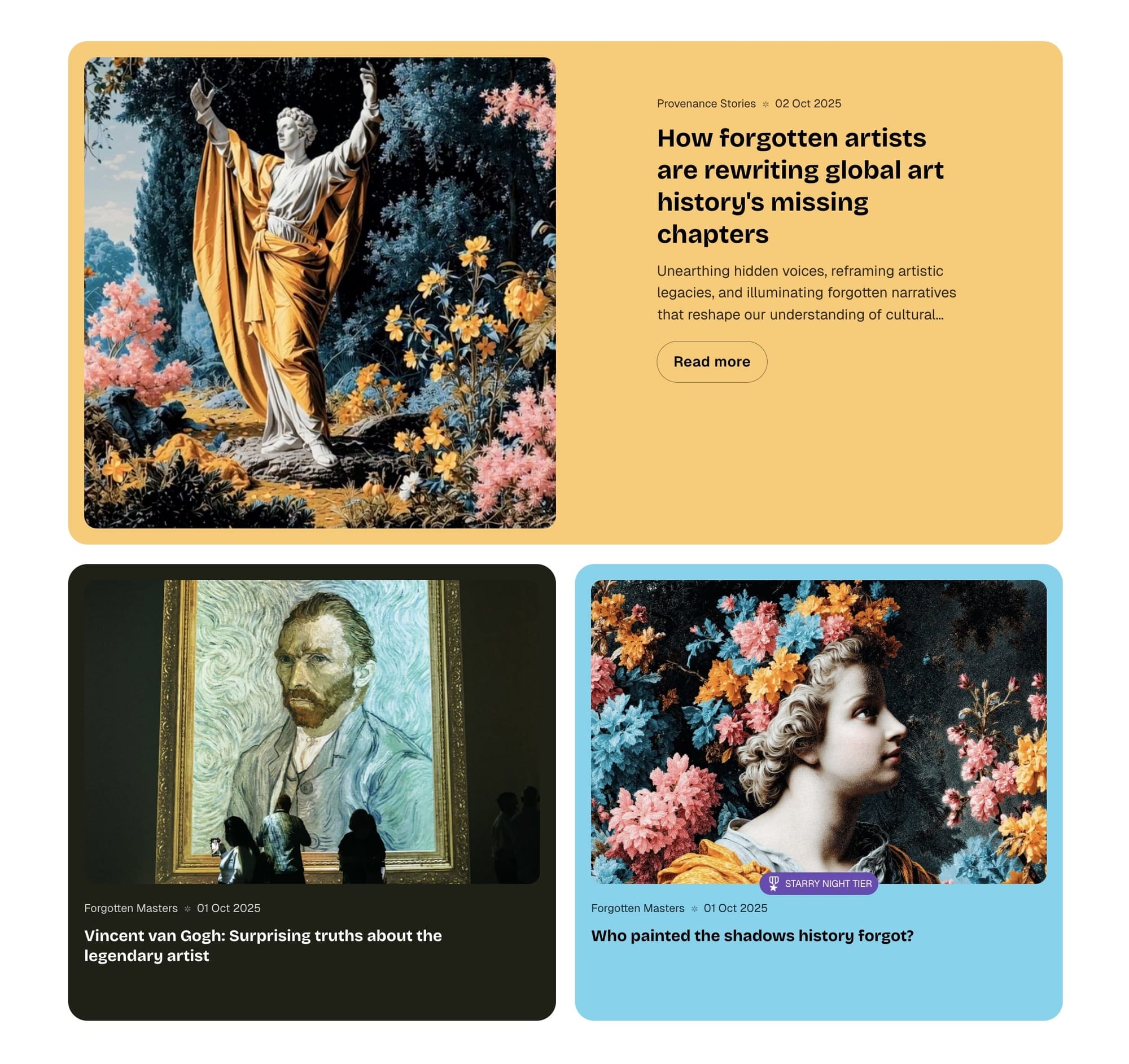 Featured posts section with color backgrounds