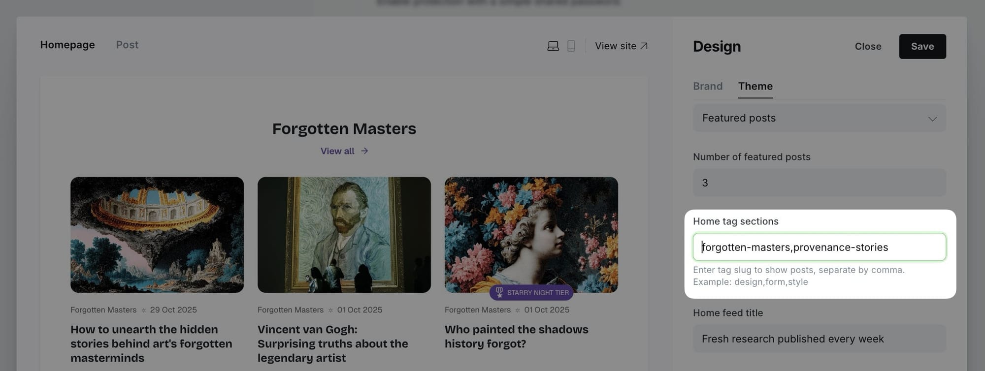 Home tag sections settings