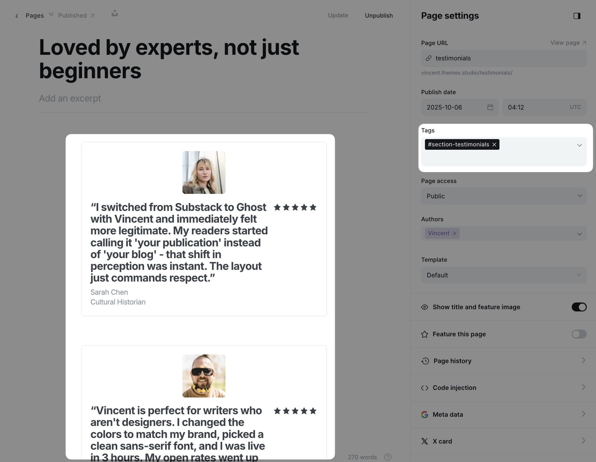 Testimonials page settings