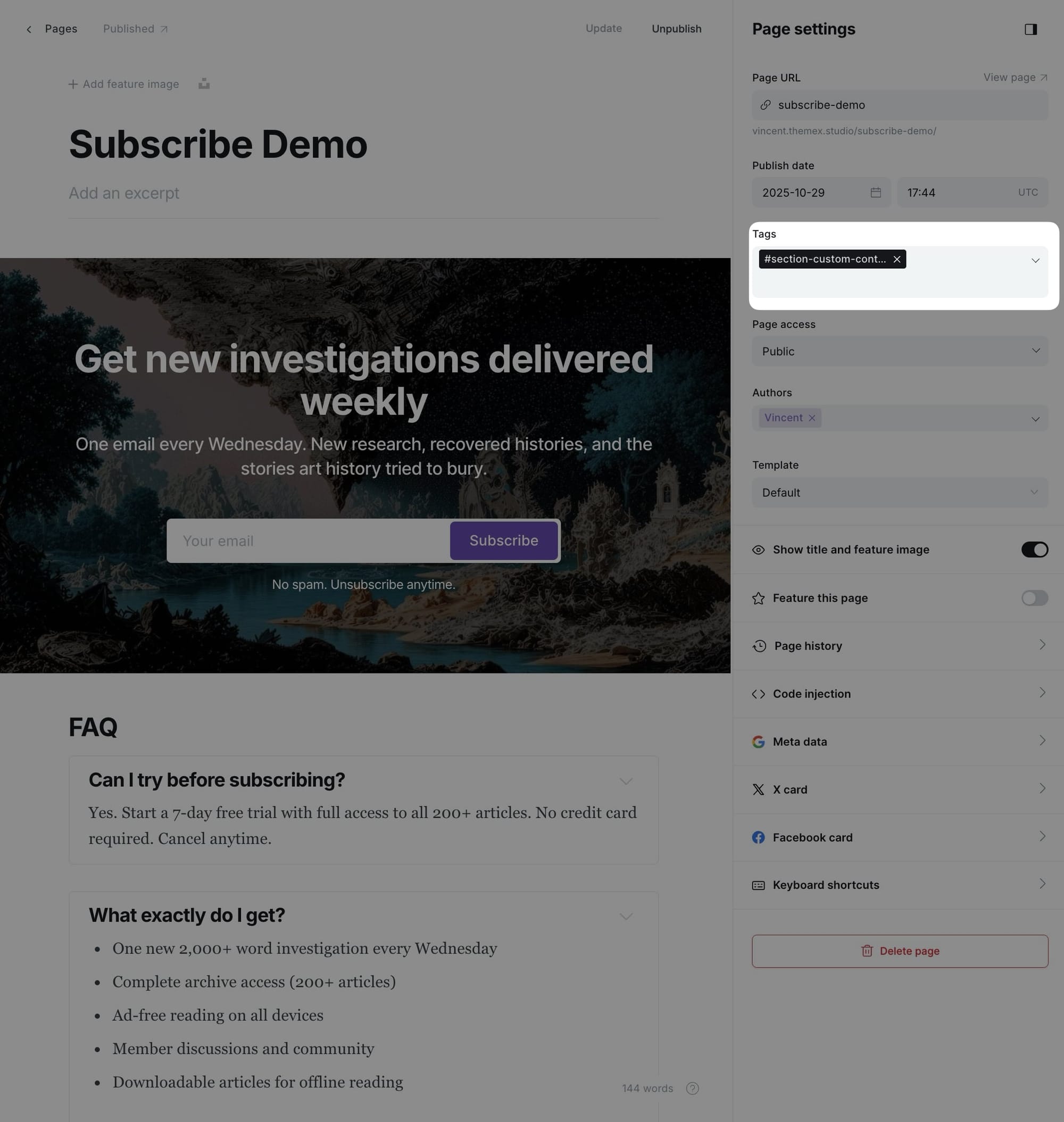 Custom content page settings