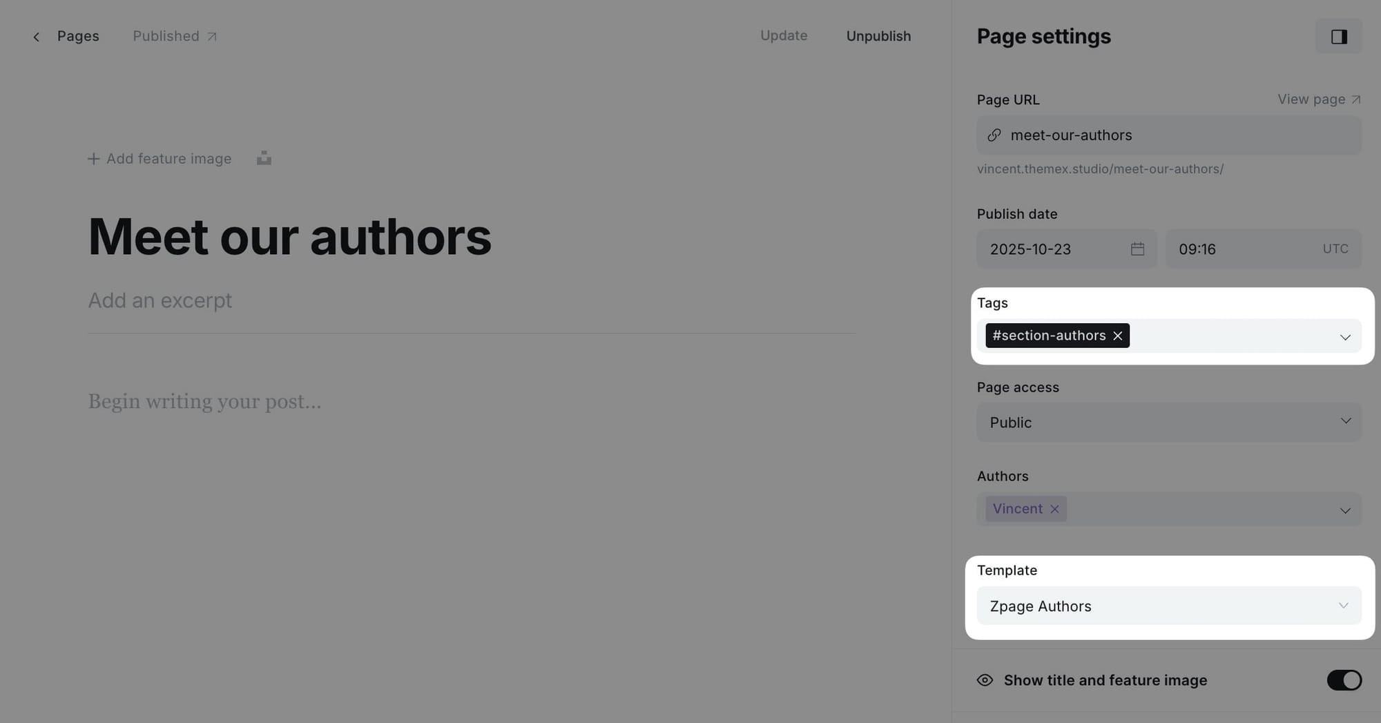 Authors section page settings