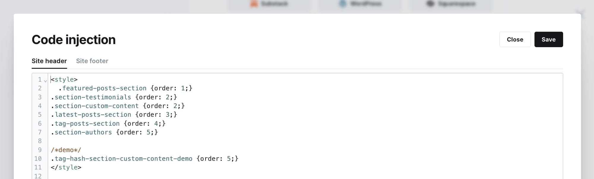 Code injection for section reordering