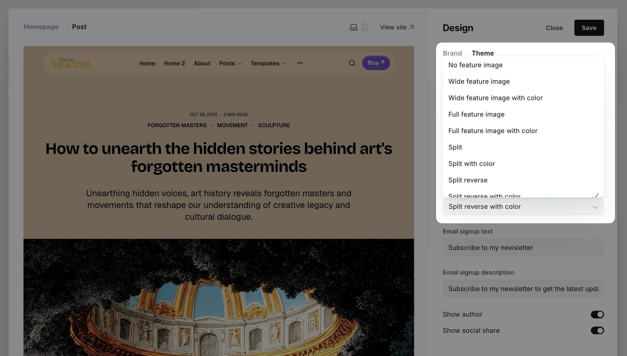 Default post hero layout settings