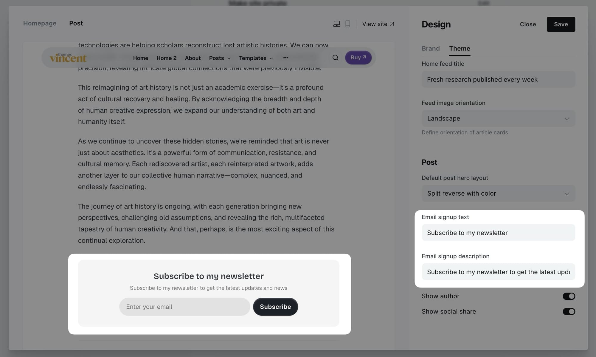 Email signup customization settings