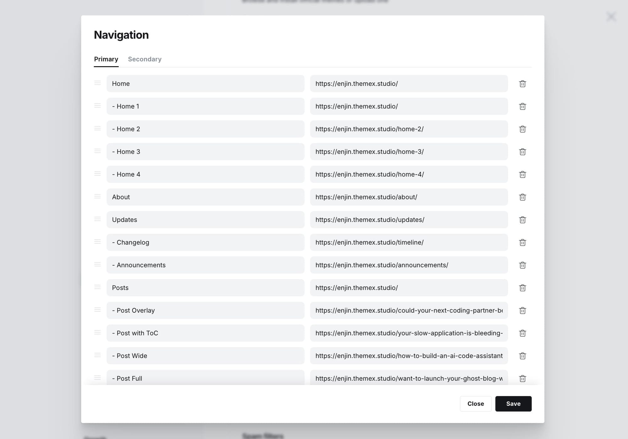 Navigation dropdown settings
