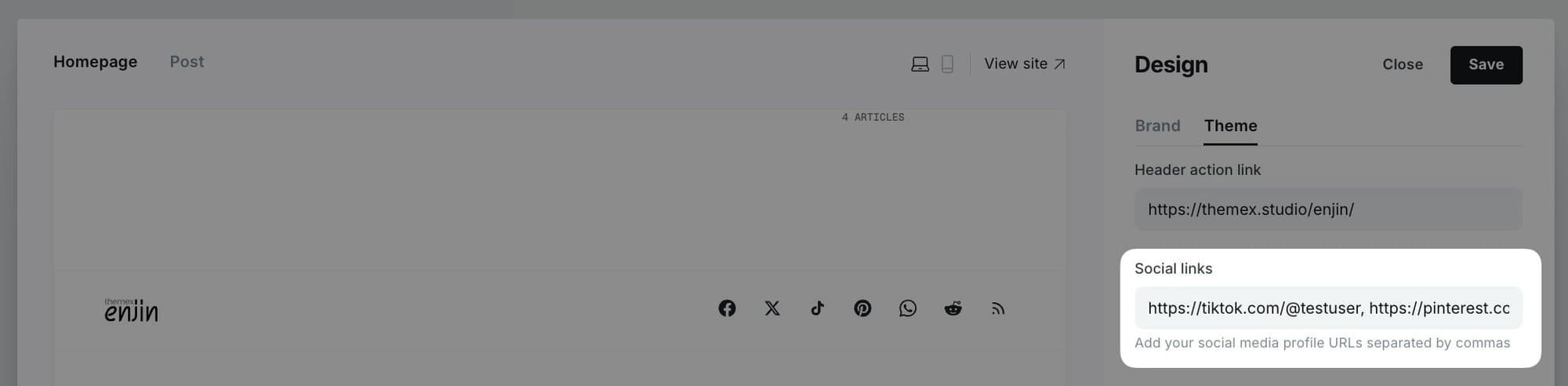 Social links configuration