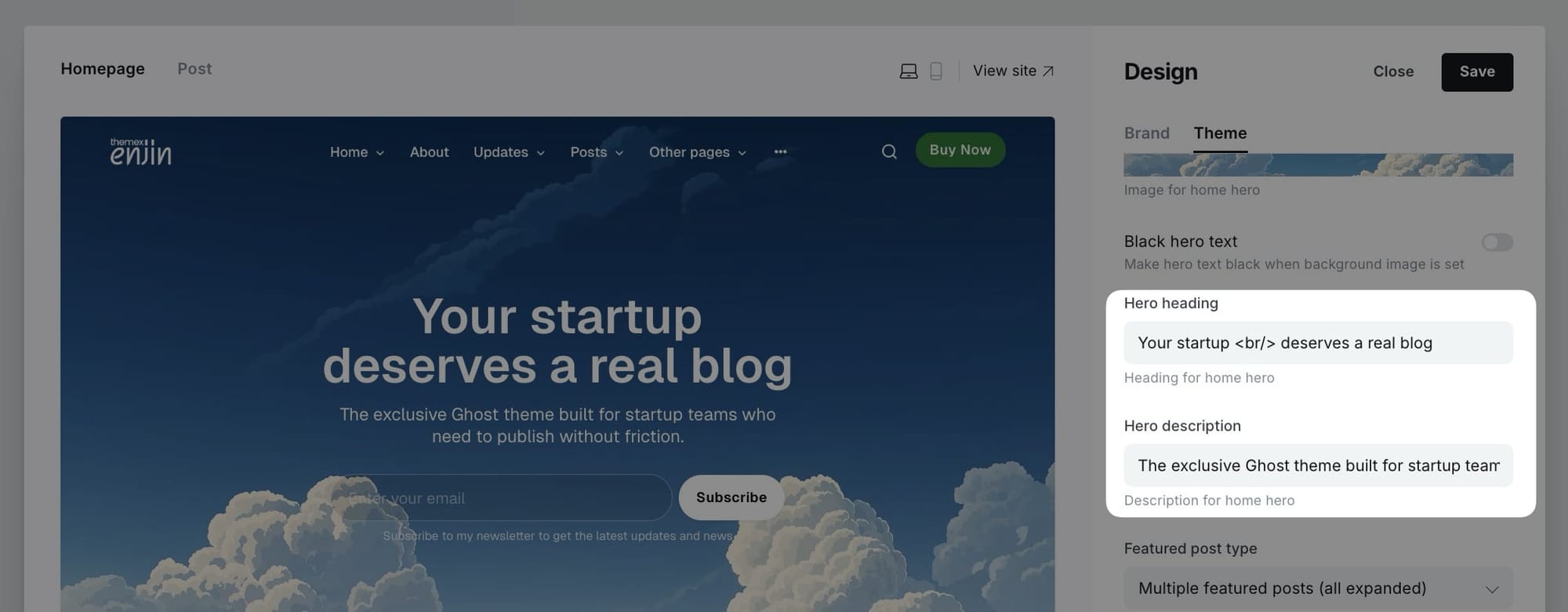 Hero heading and description settings