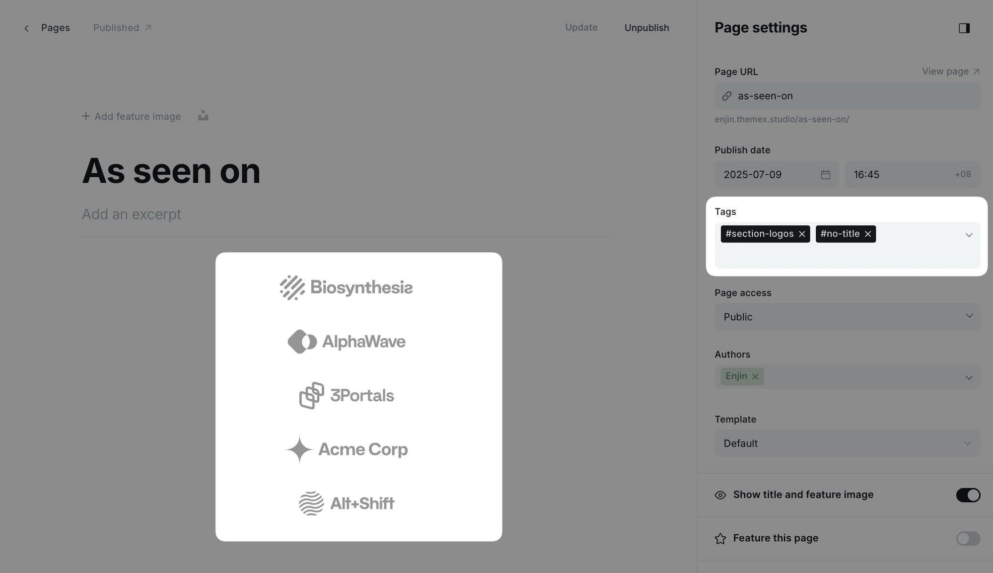 Logo wall page settings