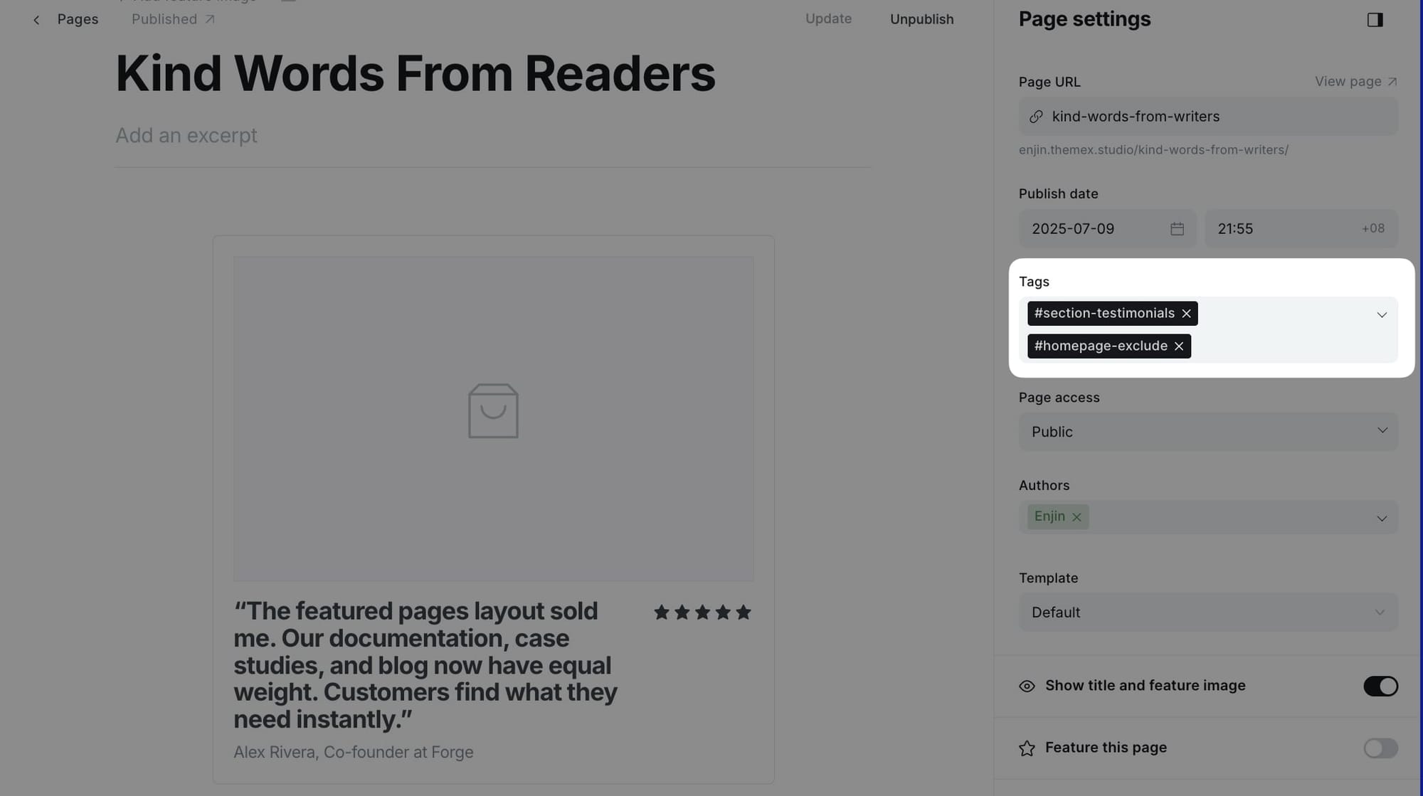 Testimonials page settings