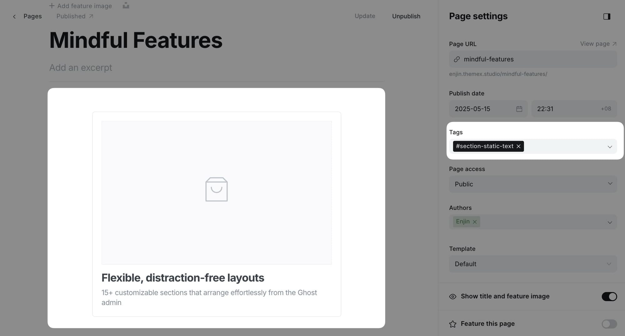 Static text page settings
