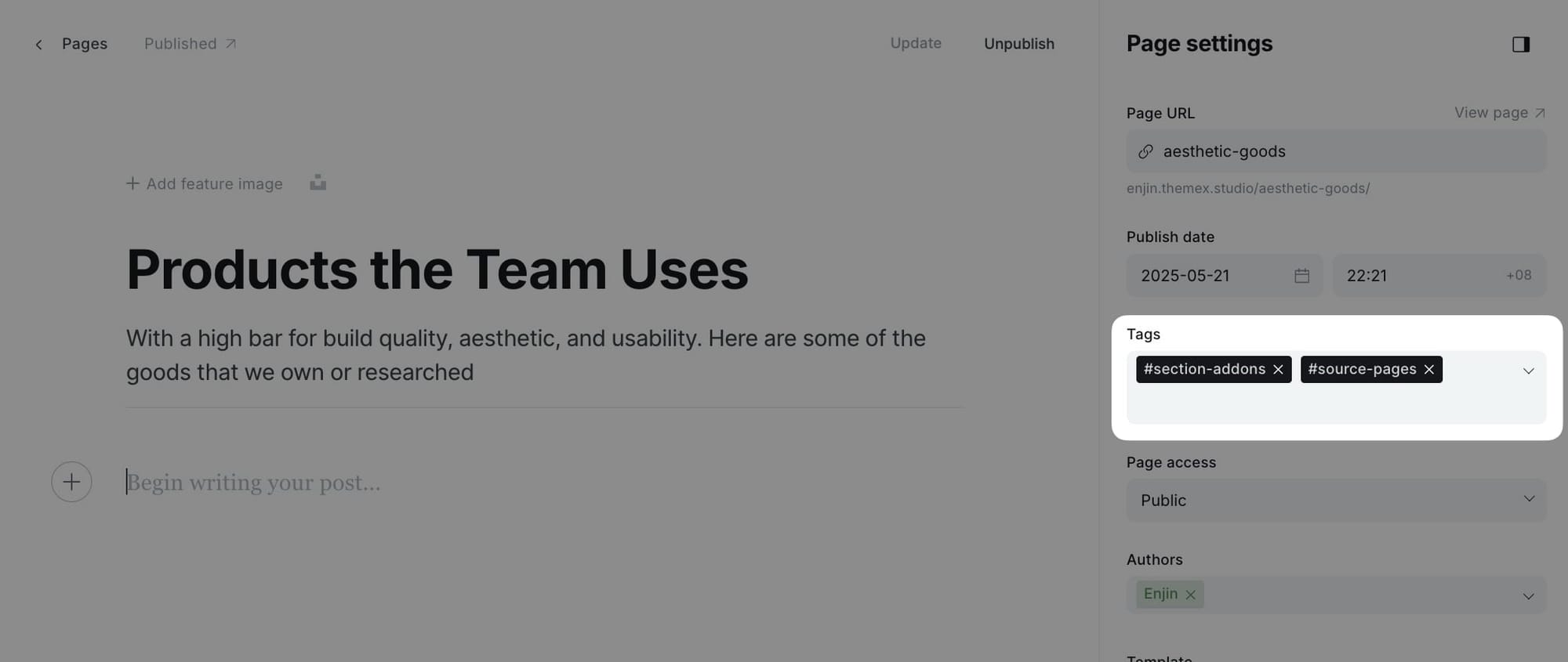 Add-ons page settings