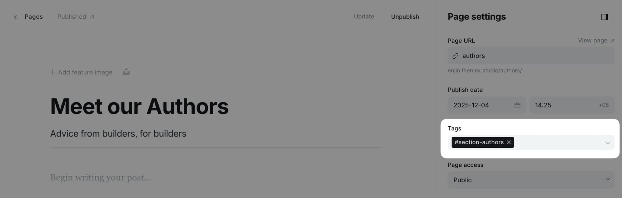 Authors page settings