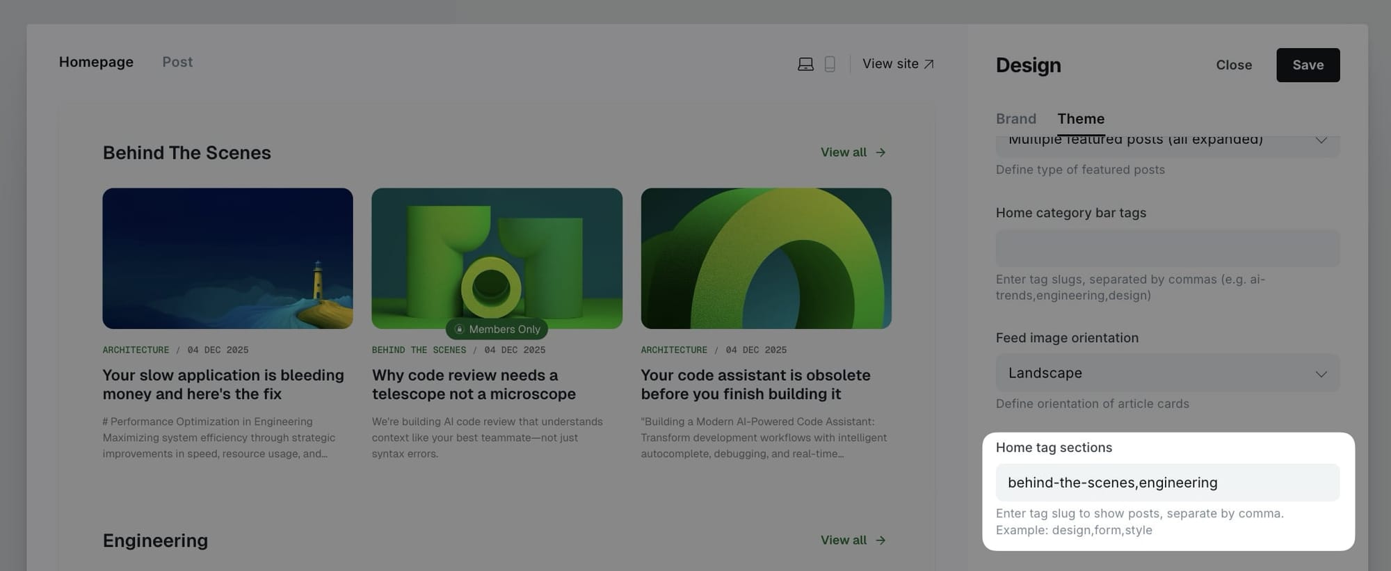 Tag sections settings
