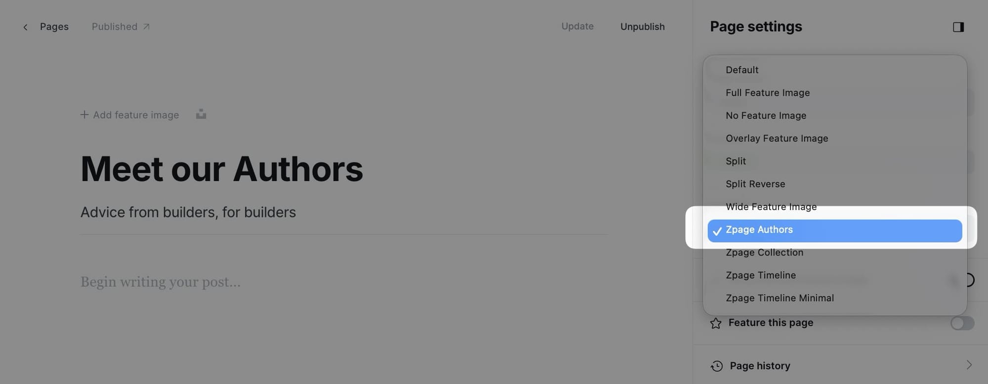 Authors template settings