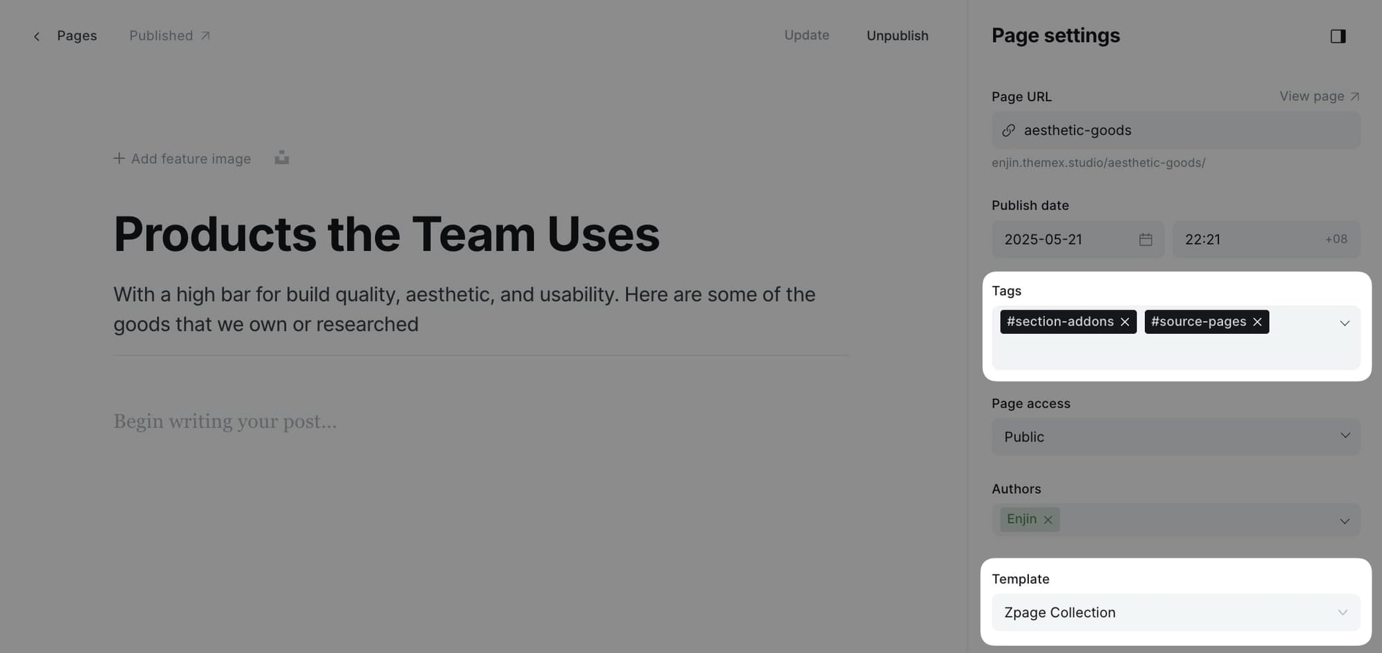 Collection page settings