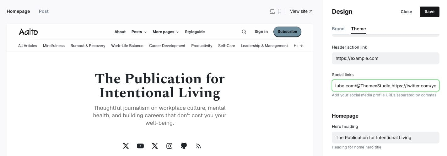 Social links settings